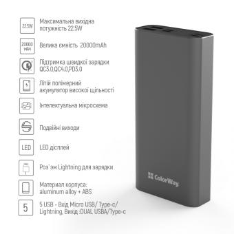 Универсальная мобильная батарея ColorWay Power Bank 20 000 mAh Full (USB QC3.0 + USB-C Power Delivery 22.5W) Gray (CW-PB200LPH3GR-PDD): 5