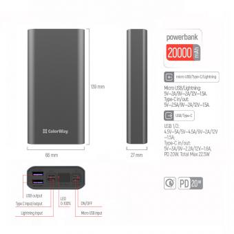 Универсальная мобильная батарея ColorWay Power Bank 20 000 mAh Full (USB QC3.0 + USB-C Power Delivery 22.5W) Gray (CW-PB200LPH3GR-PDD): 6