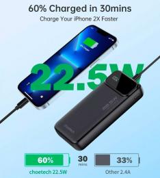 Универсальная мобильная батарея Choetech 20000mAh 22.5W PD,QC3.0 2USB-A+USB-C In/Out Black (B729): 6