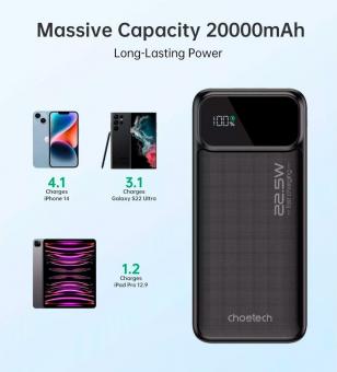 Универсальная мобильная батарея Choetech 20000mAh 22.5W PD,QC3.0 2USB-A+USB-C In/Out Black (B729): 4