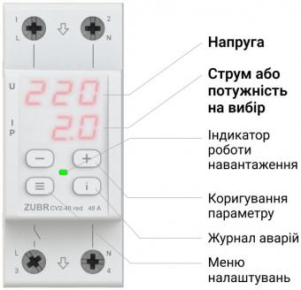 Реле напруги з контролем струму однофазне на 2 модулі ZUBR CV2-40 red (4820120222160): 2