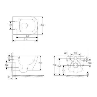 Унітаз підвісний VOLLE SOLO Rimless сид. Slim slow-closing 13-55-111Black: 2