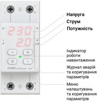 Реле напруги з контролем струму однофазне на 2 модулі ZUBR CV2-32 red (4820120222689): 2